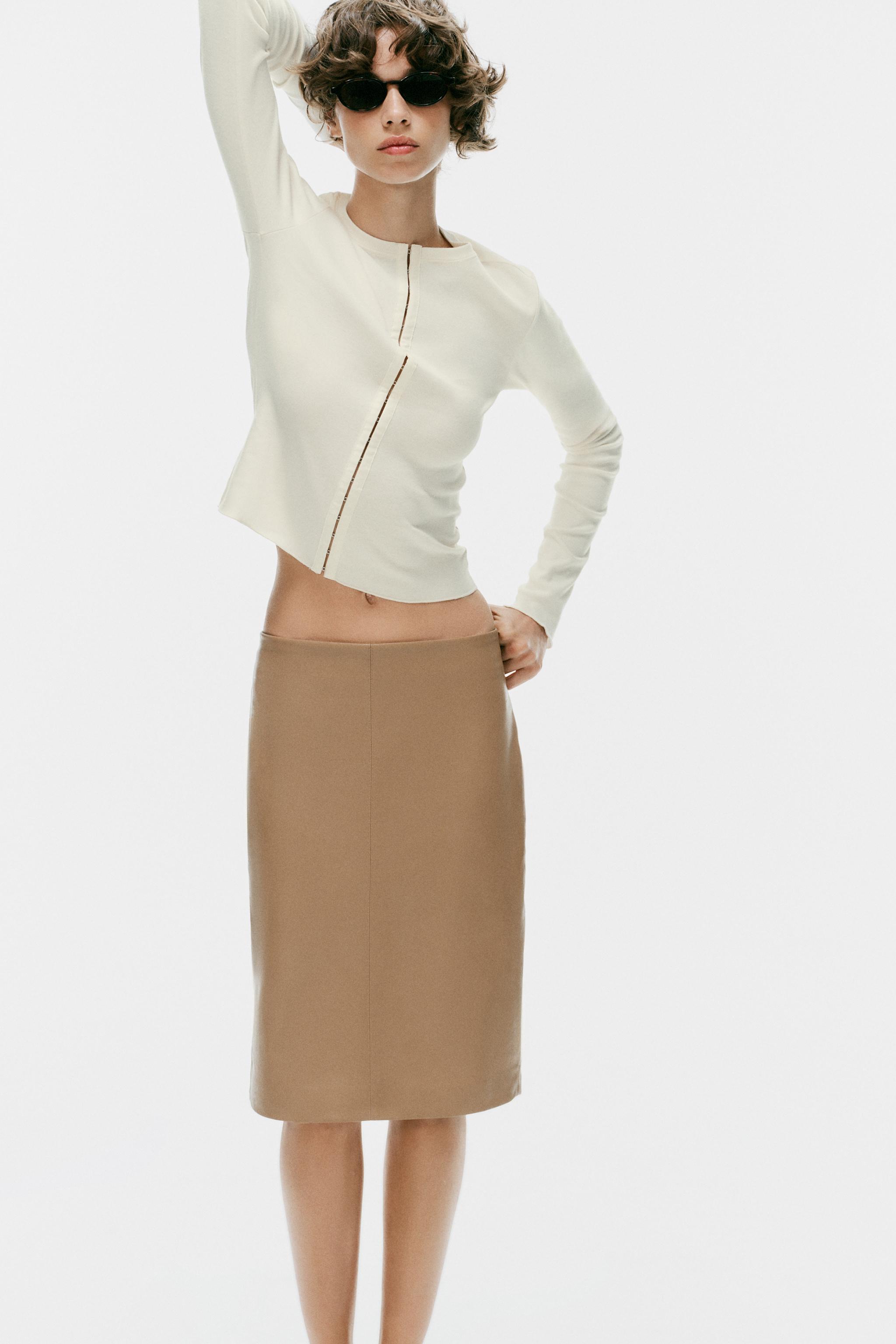 Faux Leather Midi Skirt - Light Brown - Xs