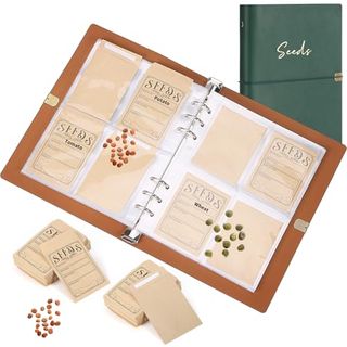 Garden Seed Storage Organizer Binder - 150 Resealable Seed Envelopes Brown Shell With 40 Sheet Protectors for Efficient Seed Packet Organization - Green