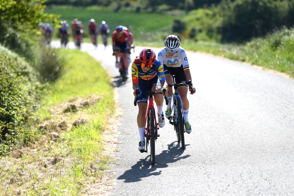 PAMPLONA SPAIN MAY 08 LR Shirin Van Anrooij of The Netherlands and Team Lidl Trek and Liane Lippert of Germany and Movistar Team compete in the chase group during the 4th Navarra Womens Elite Classics 2024 a 1356km one day race from Pamplona to Pamplona on May 08 2024 in Pamplona Spain Photo by Alex BroadwayGetty Images