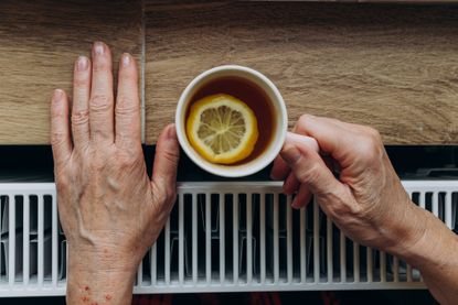 Energy crisis in europe. Senior woman hands 