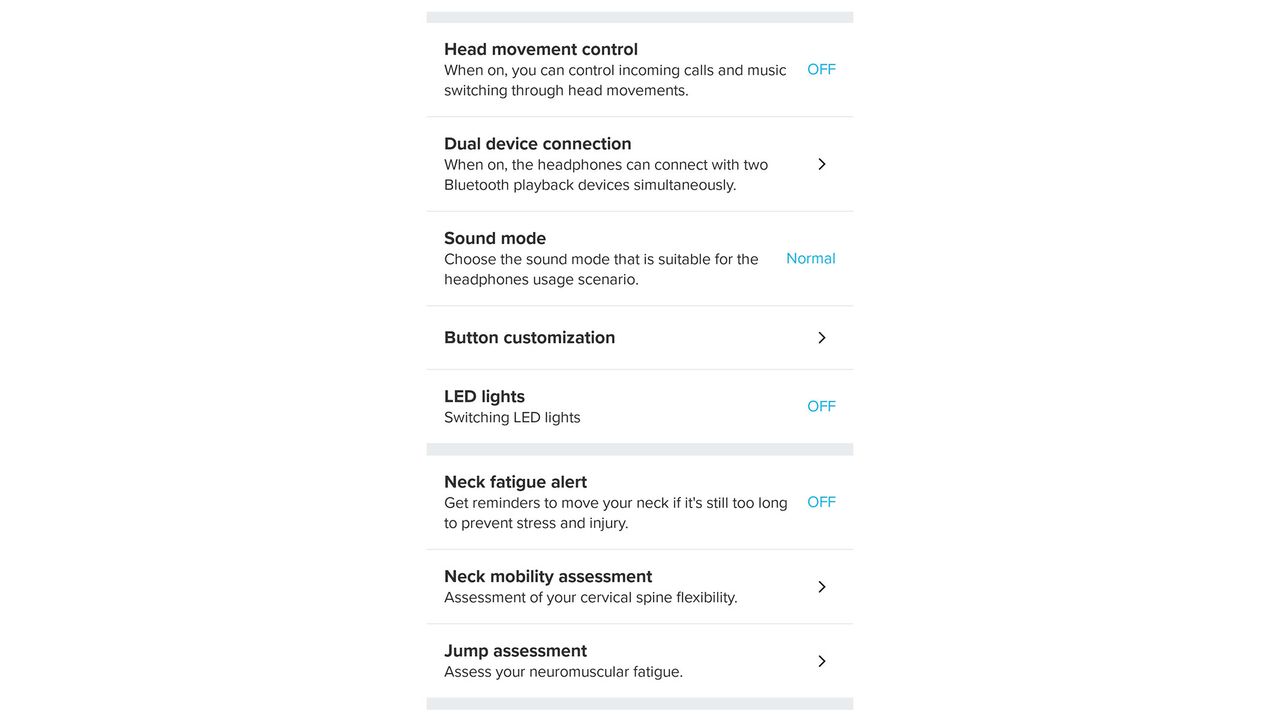 A screenshot of the headphone settings from the Suunto app