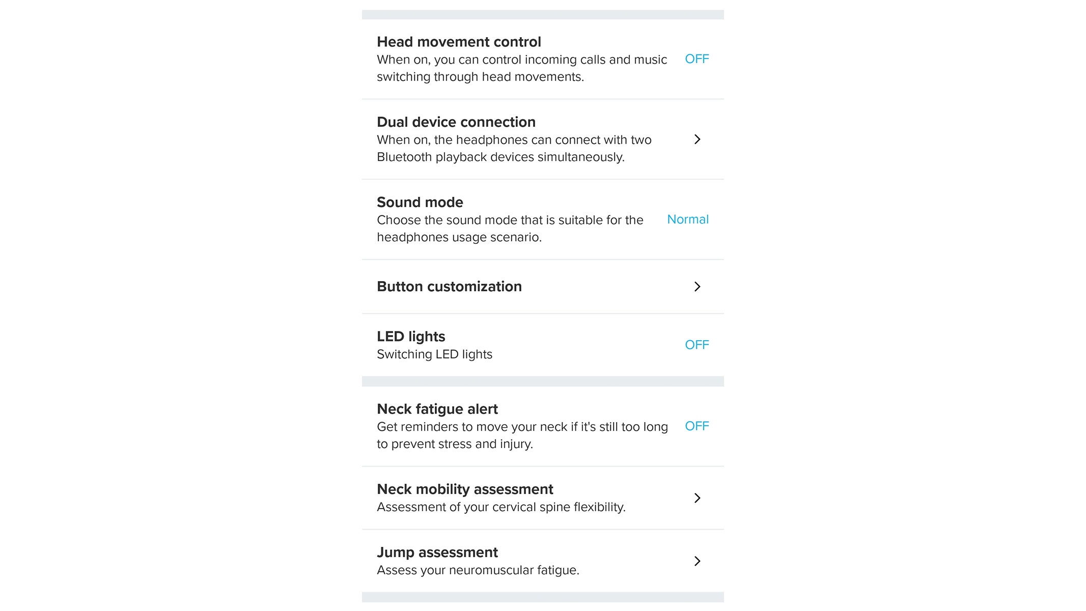 A screenshot of the headphone settings from the Suunto app