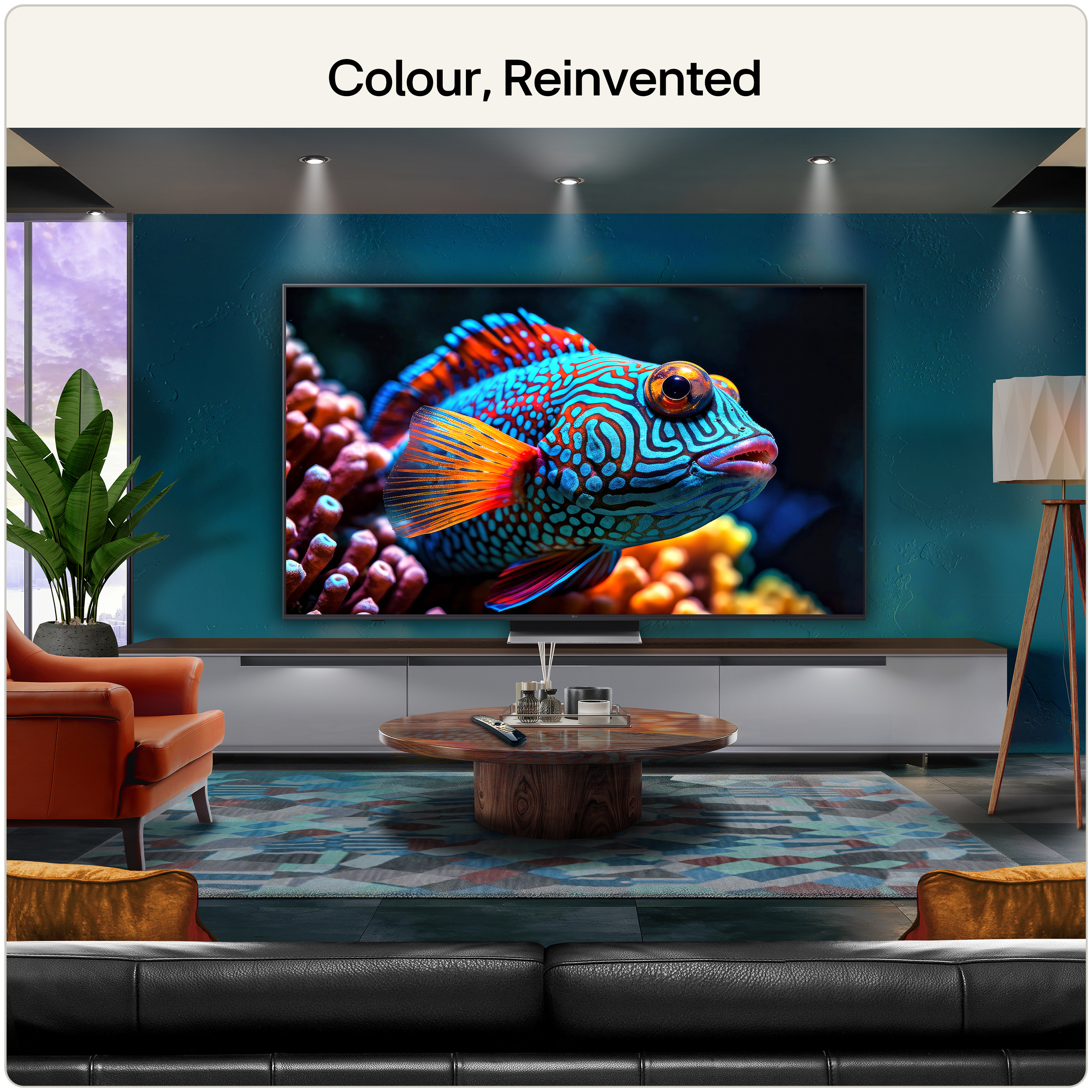 An LG Micro RGB evo TV showing a colourful image of a fish in a contemporary living room