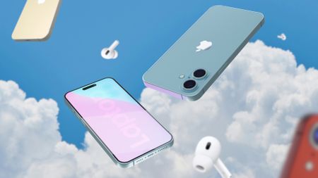 Graphic illustration of various iPhone and AirPods falling against the backdrop of a blue sky with clouds