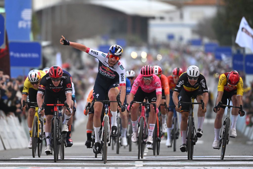 TAVIRA, PORTUGAL - FEBRUARY 21: Jordi Meeus of Belgium and Team Red Bull - BORA - hansgrohe celebrates at finish line as stage winner ahead of (L-R) Alberto Dainese of Italy and Tudor Pro Cycling Team, Biniam Girmay of Eritrea and Team Intermarche - Wanty, Madis Mihkels of Estonia and Team EF Education - EasyPost, Arnaud De Lie of Belgium and Team Lotto and Milan Fretin of Belgium and Team Cofidis during to the 51st Volta ao Algarve em Bicicleta, Stage 3 a 183.5km stage from Vila Real Santo Antonio to Tavira on February 21, 2025 in Tavira, Portugal. (Photo by Tim de Waele/Getty Images)