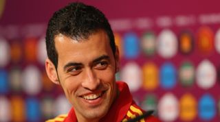 DONETSK, UKRAINE - JUNE 22: In this handout image provided by UEFA, Sergio Busquets of Spain talks to the media during a UEFA EURO 2012 press conference at the Donbass Arena on June 22, 2012 in Donetsk, Ukraine. (Photo by Handout/UEFA via Getty Images)