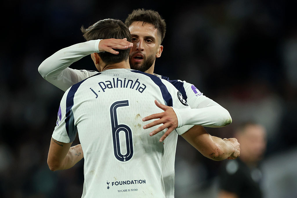 LONDON, ENGLAND - SEPTEMBER 16: Joao Palhinha of Tottenham Hotspur and Rodrigo Bentancur of Tottenham Hotspur celebrate after winning the UEFA Champions League 2025/26 League Phase MD1 match between Tottenham Hotspur and Villarreal CF at Tottenham Hotspur Stadium on September 16, 2025 in London, England. (Photo by Nigel French/Sportsphoto/Allstar via Getty Images)