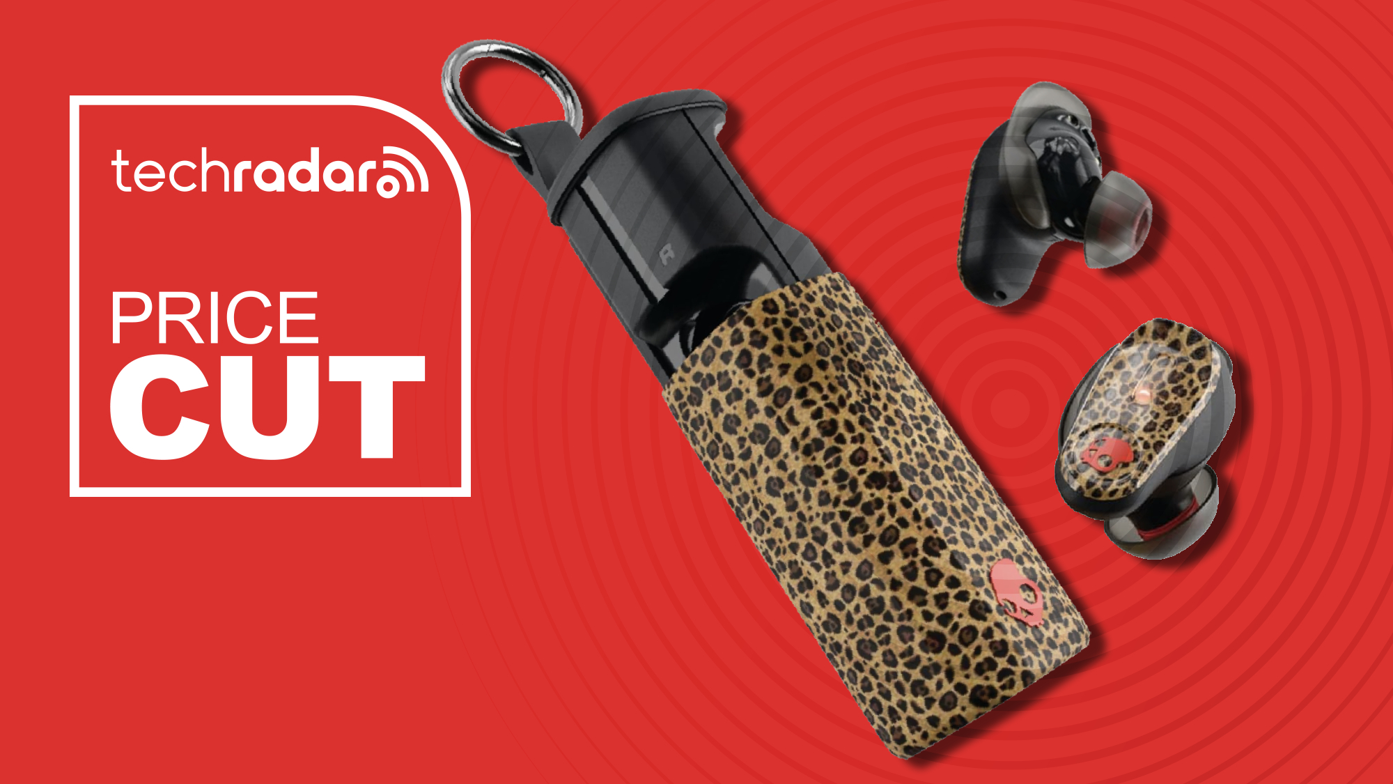 Skullcandy Method 260 ANC in animal print, on red poster with &#039;Price Cut&#039; written in white 