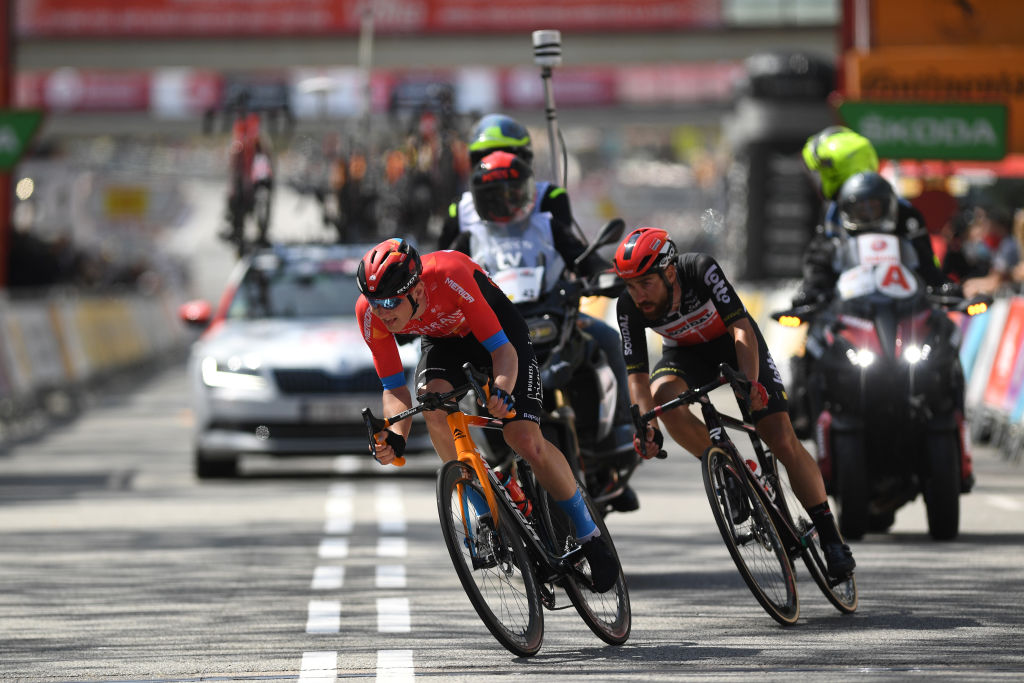 BARCELONA SPAIN  MARCH 28 Thomas De Gendt of Belgium and Team Lotto Soudal  Matej Mohoric of Slovenia and Team Bahrain Victorious during the 100th Volta Ciclista a Catalunya 2021 Stage 7 a 133km stage from Barcelona to Barcelona  Breakaway  VoltaCatalunya100  on March 28 2021 in Barcelona Spain Photo by David RamosGetty Images