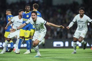 Ulises Rivas of Pumas celebrates a goal against America in April 2024.