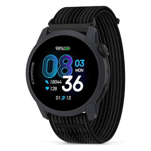 The Coros Pace 4 in black with black fabric strap on a white background.