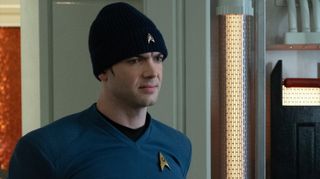 Spock sports a stylish Starfleet-branded beanie in this week's episode, 'cause it's very cold in space