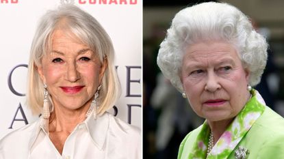 A composite of a picture of Helen Mirren at the Olivier Awards 2026 and a picture of Queen Elizabeth in 2004