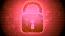 Unlocked padlock symbol imposed over a digital interface in bright red coloring. 