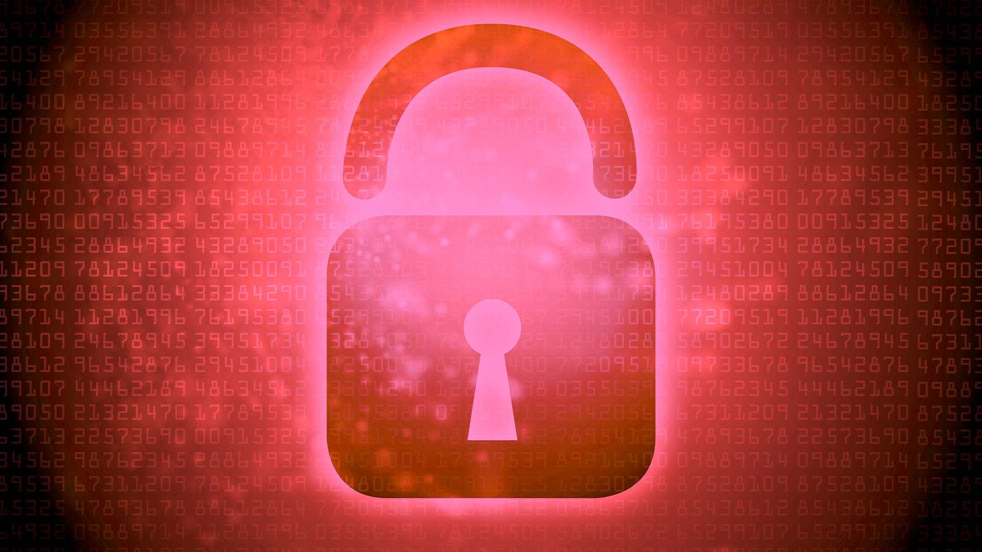 Unlocked padlock symbol imposed over a digital interface in bright red coloring. 