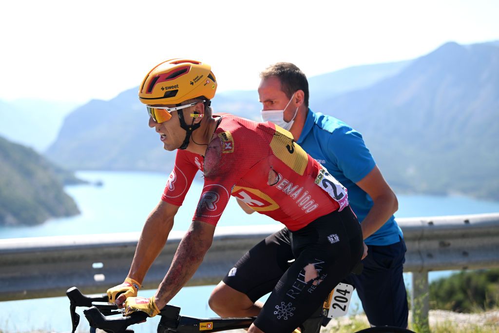 BARCELONNETTE FRANCE JULY 18 Tobias Halland Johannessen of Norway and Team UnoX Mobility injured after falling during the 111th Tour de France 2024 Stage 18 a 1795km stage from Gap to Barcelonnette 1134m UCIWT on July 18 2024 in Barcelonnette France Photo by Dario BelingheriGetty Images