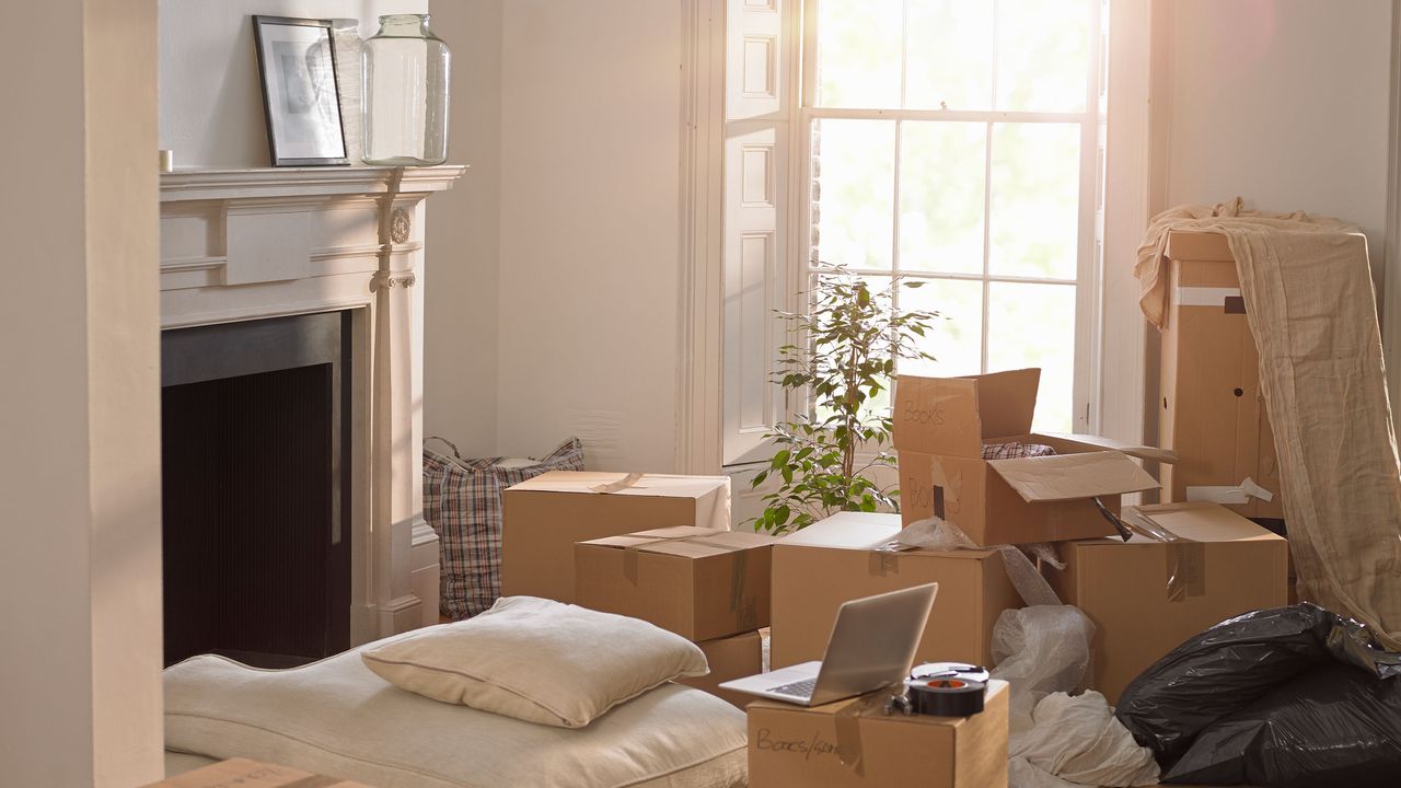 living room filled with moving boxes