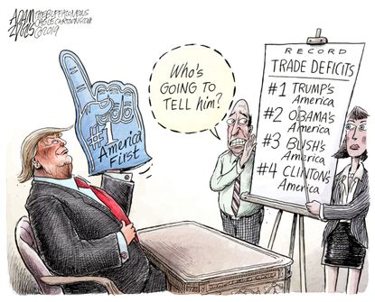 Political&nbsp;Cartoon&nbsp;U.S. Trump MAGA trade deficit isolationism Barack Obama George Bush Bill Clinton
