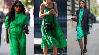 Composite image of 3 green midi dresses in street style fashion