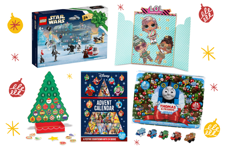 A collage of the best advent calendars for kids 2021 including LEGO and Disney