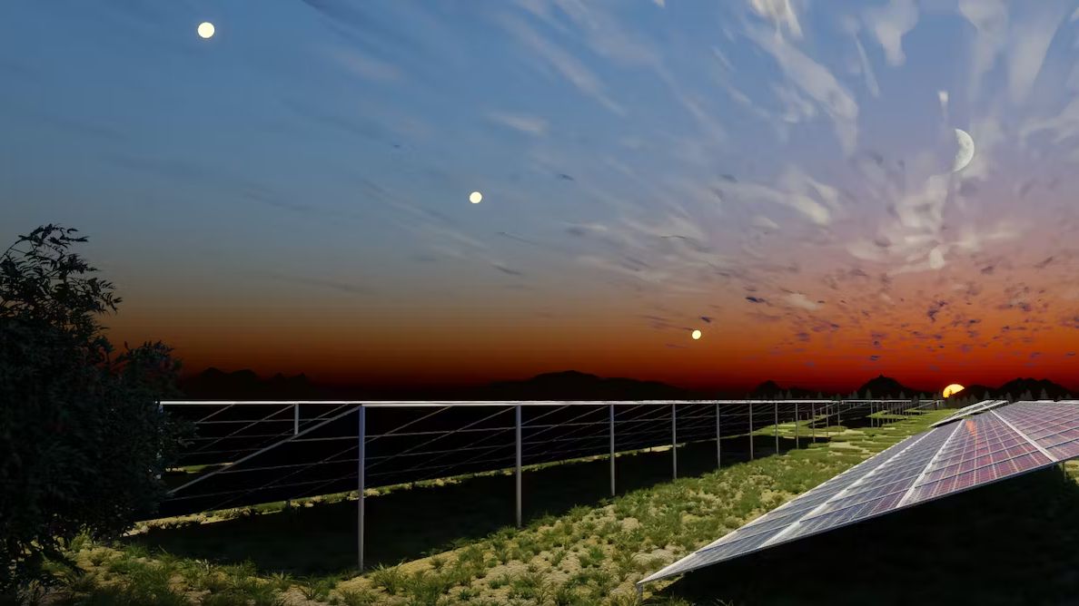 a long solar panel leans upwards toward the sky as the sun sets, but round lights remain in the darkening sky, spaced evenly, representing satellites reflecting the sun&#039;s light to the solar panels.