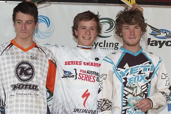 The overall series under 19 downhill podium with winner Troy Brosnan (centre).