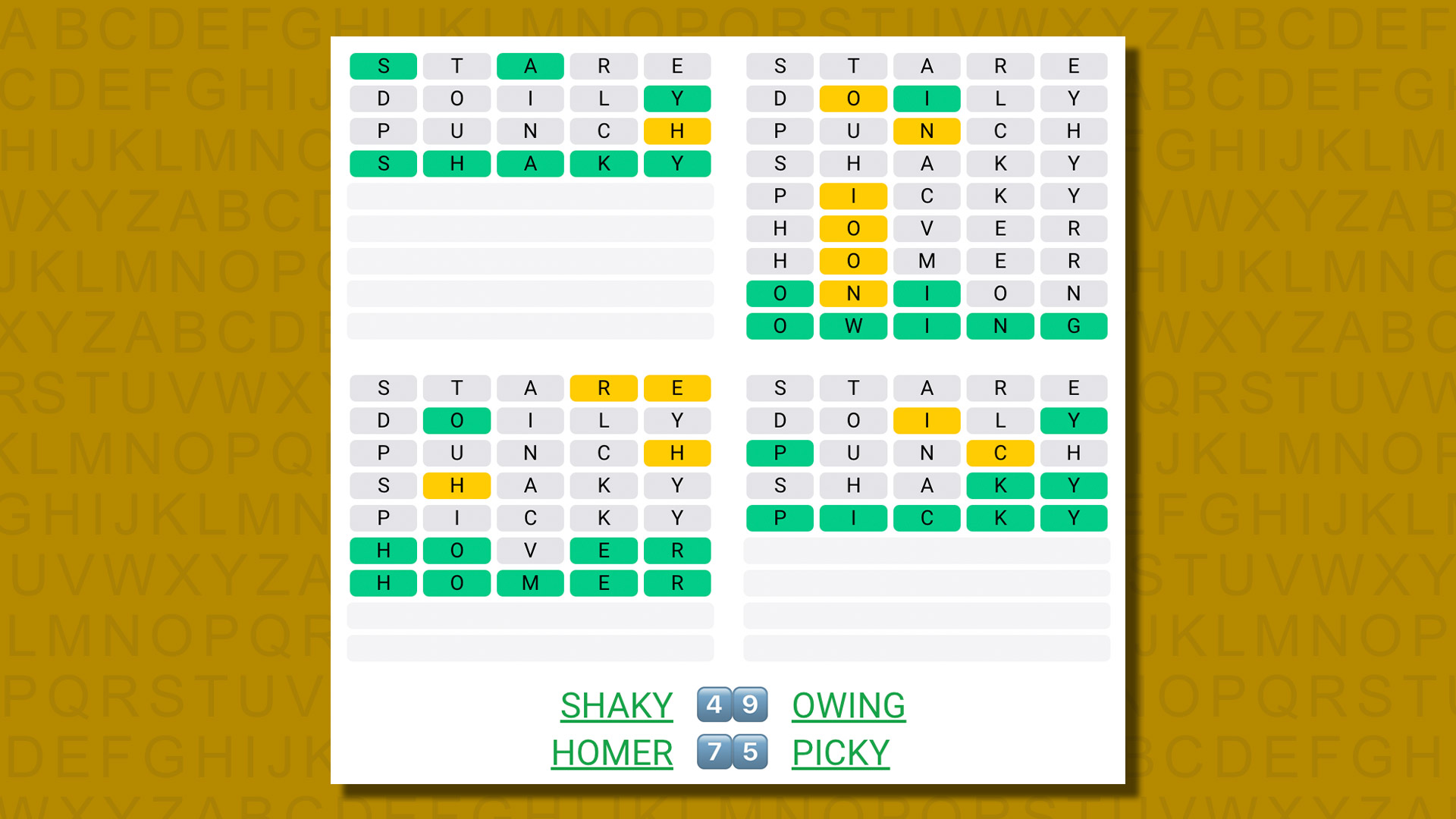 Quordle answers for game 557 on a yellow background