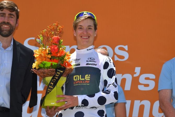Nadia Quagliotto (Ale Cipollini) in the 'queen of the mountains' jersey after stage 1 of the 2019 Women'e Tour Down Under