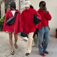 A collage of people wearing red sporty jackets.