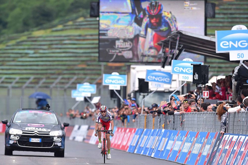 Ilnur Zakarin (Katusha) finishes in front of the big screen in Imola