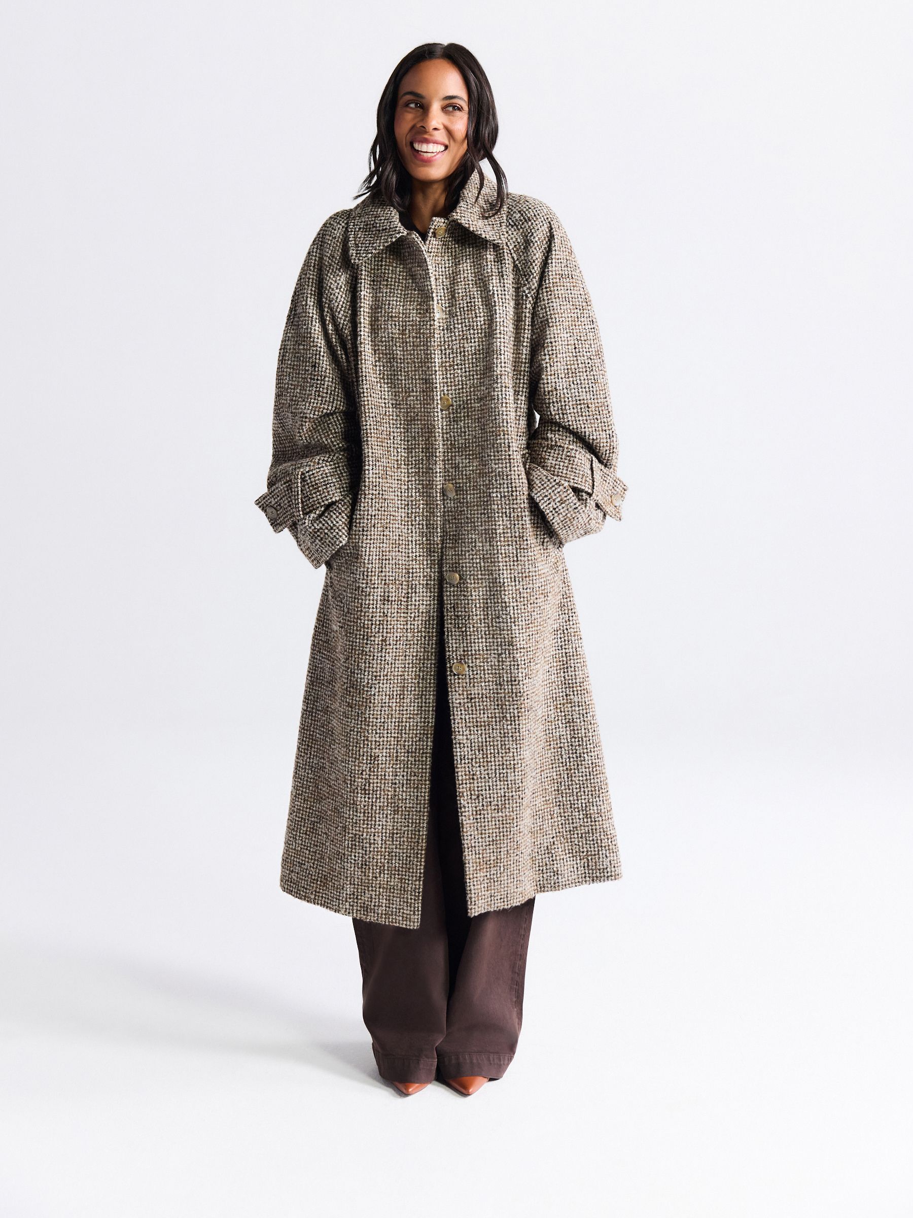 Neutral Houndstooth Single Breasted Longline Collared Coat
