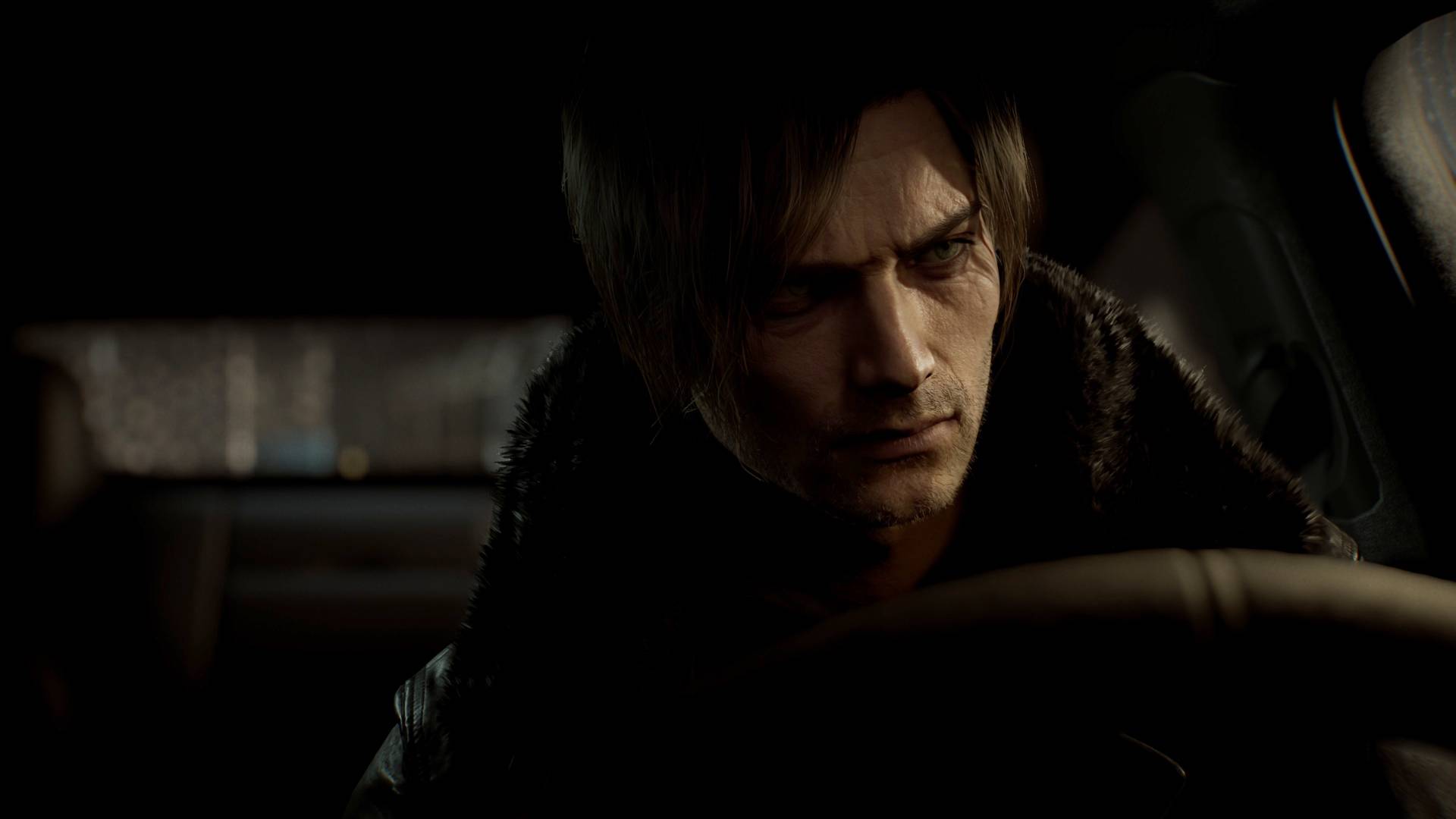 Resident Evil Requiem screenshot of Leon in car.