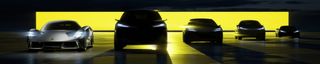 Silhouette of four EVs on yellow and black background