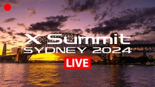 LIVE BLOG: Fujifilm X Summit Sydney 2024 logo, with a sunset bridge photograph