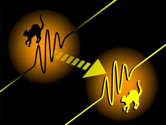 an illustration of the quantum teleportation of &#039;Schrodinger&#039;s Cat&#039; wave packets of light from a past physics study.