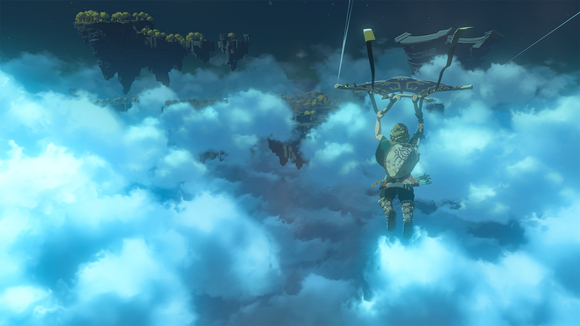 Link paragliding through the clouds over Hyrule