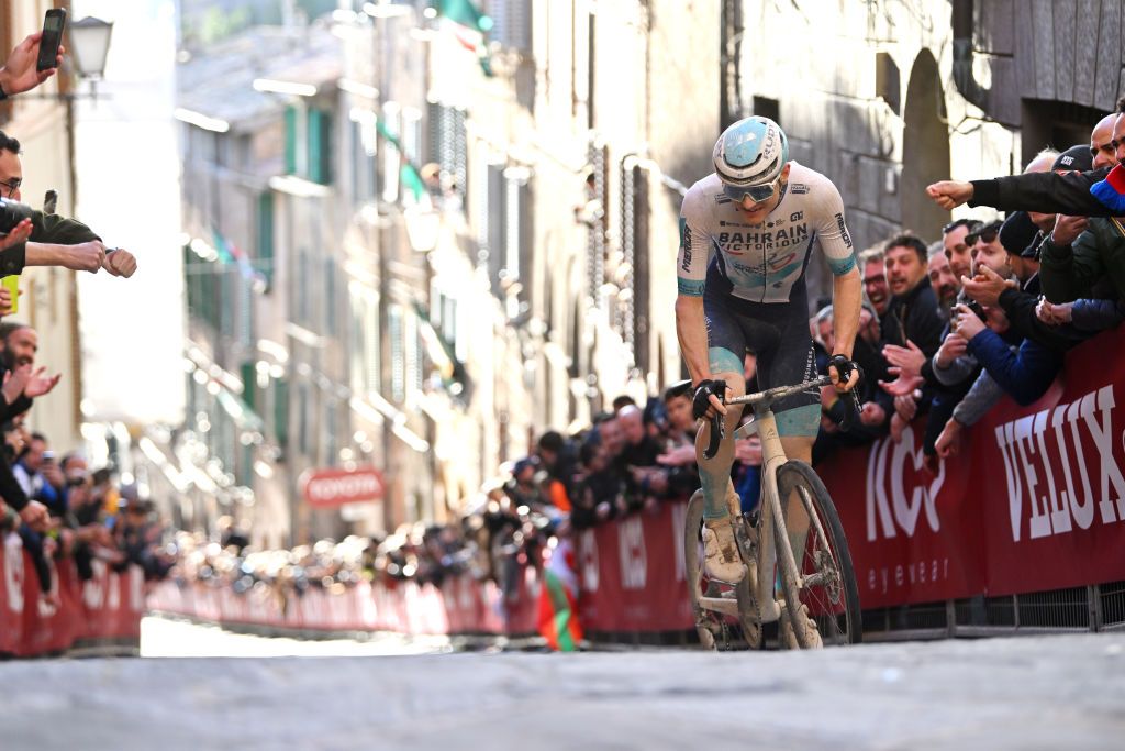 SIENA ITALY MARCH 02 Matej Mohoric of Slovenia and Team Bahrain Victorious competes during the 18th Strade Bianche 2024 Mens Elite a 215km one day race from Siena to Siena 320m UCIWT on March 02 2024 in Siena Italy Photo by Luc ClaessenGetty Images