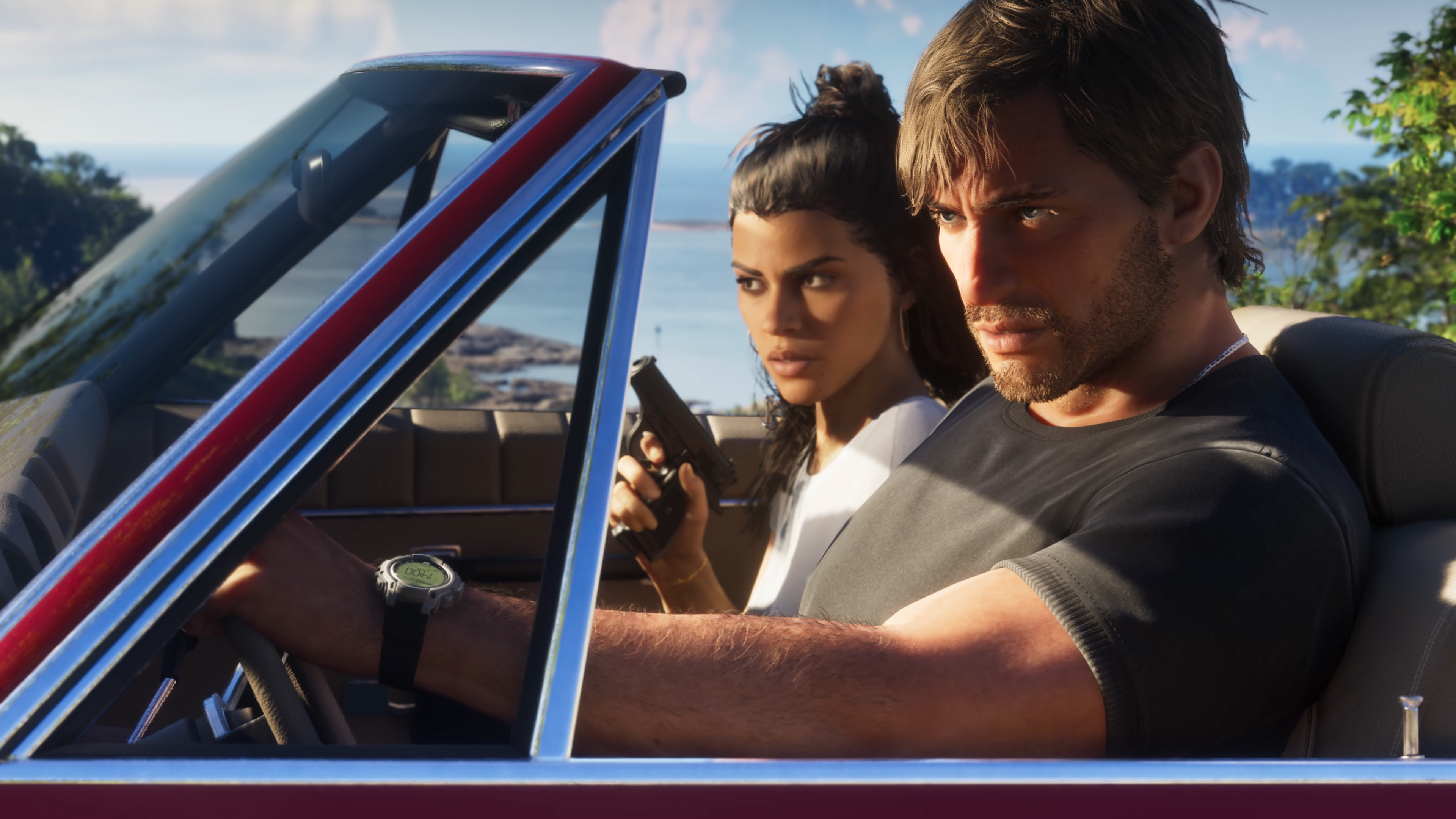 Jason and Lucia in a convertible holding a gun