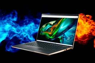 Acer Swift 14 surrounded by blue and red fire