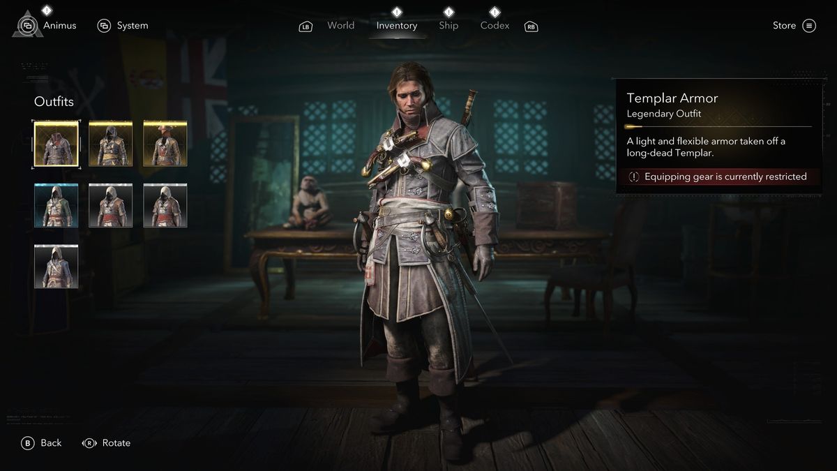 Black Flag outfits: The Templar Armour viewed in the menu.