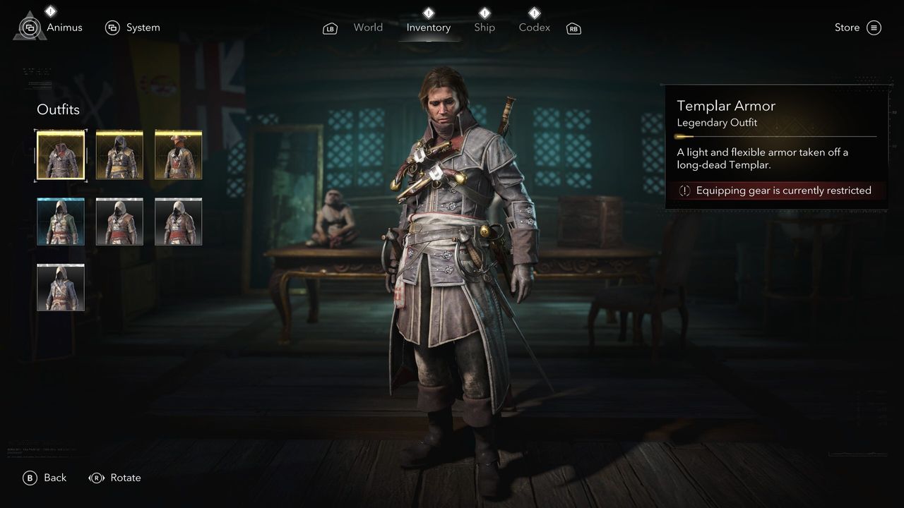 Black Flag outfits: The Templar Armour viewed in the menu.
