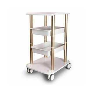 Makeup trolley on wheels with tiered shelving and brass legs