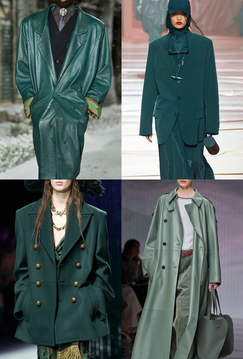 Four images from the autumn/winter 2026 runways featuring marine green and teal coats and jackets