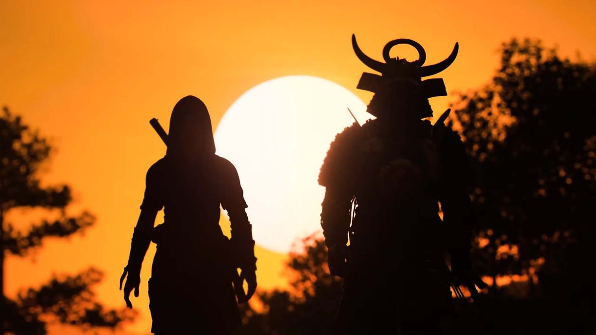 Assassin&#039;s Creed Shadows: main characters and setting sun. 