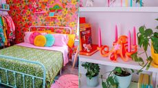A picture of a colorful bedroom and a picture of a colorful shelf with rainbow colored decorations