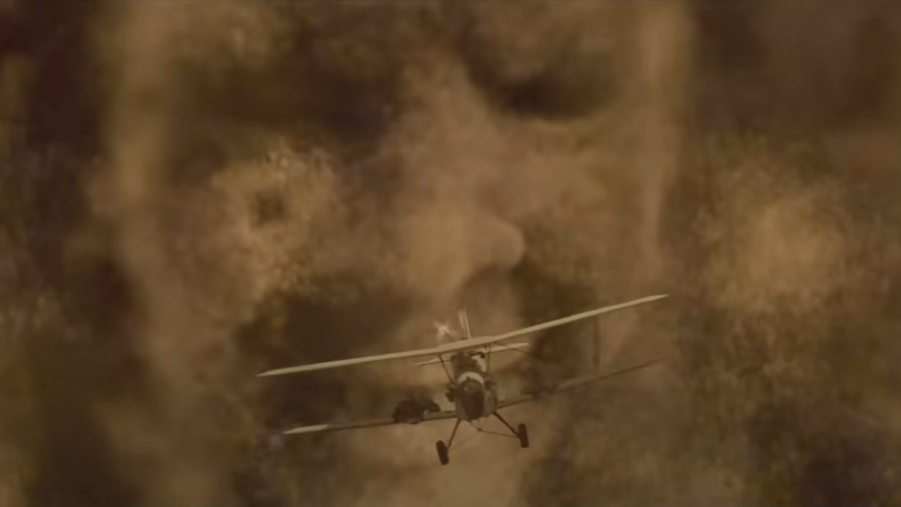 Imhotep's sandstorm smiles at an attacking biplane in The Mummy.
