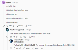 Several users on the Helldivers 2 subreddit discuss the current state of the Galactic War.