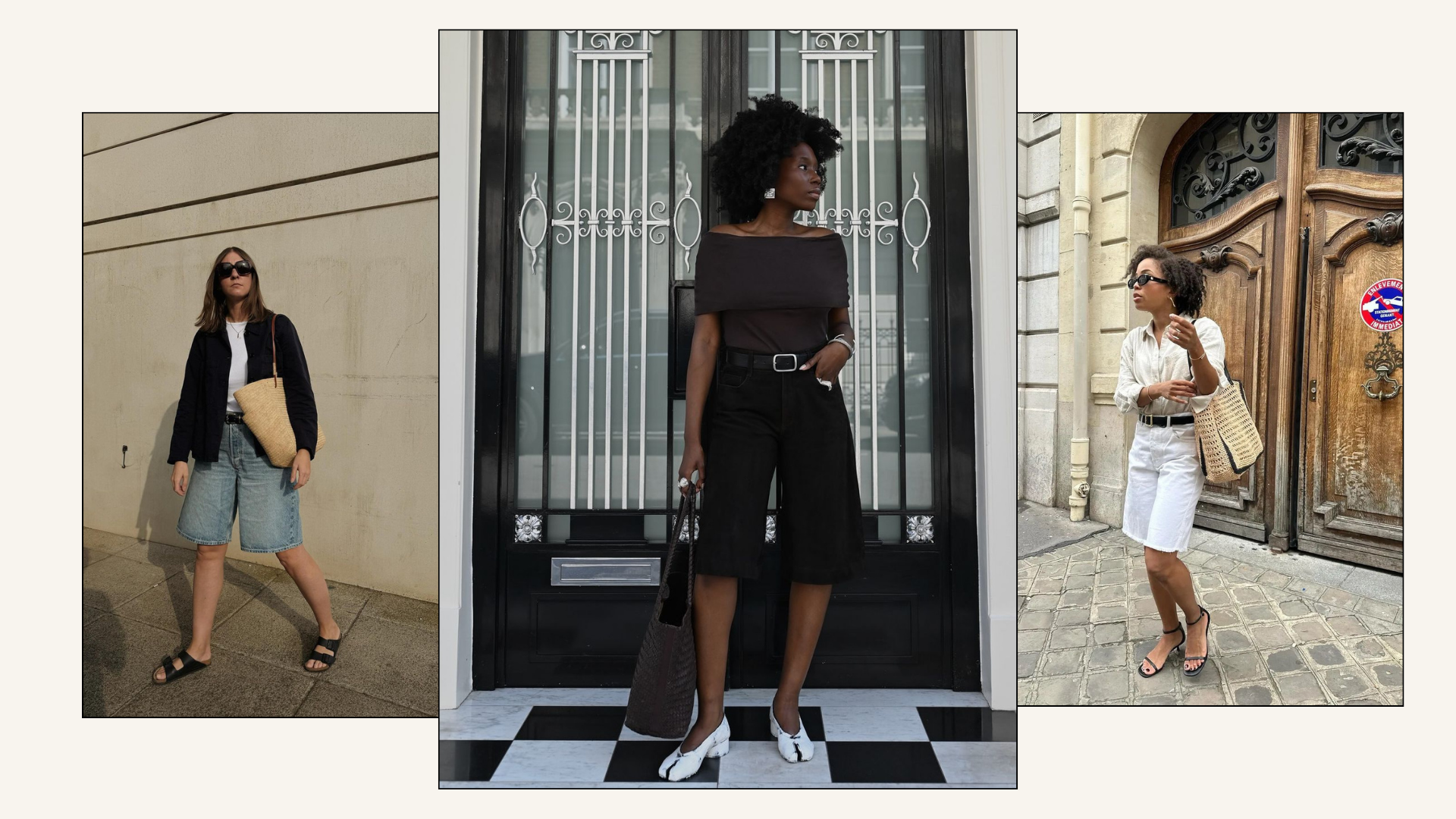 Three different outfits with long shorts
