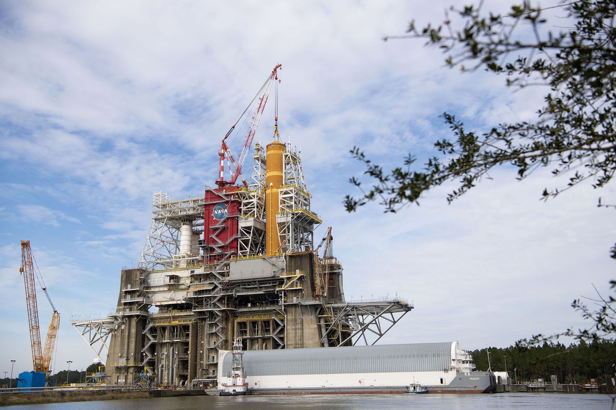 The first SLS core stage on the test stand at Stennis Space Center in Mississippi in January 2020.