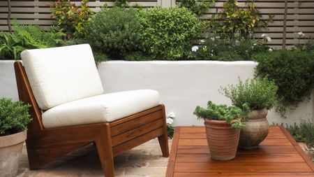a small garden with a wooden chair, raised rendered garden beds, and lots of plants